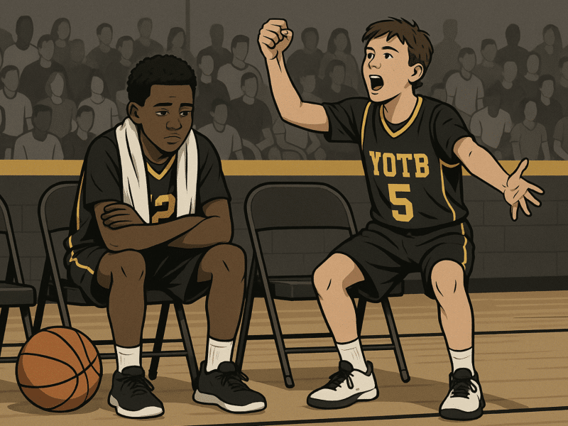 Youth basketball players on the bench—one cheering, one discouraged—showing the ups and downs of playing time.